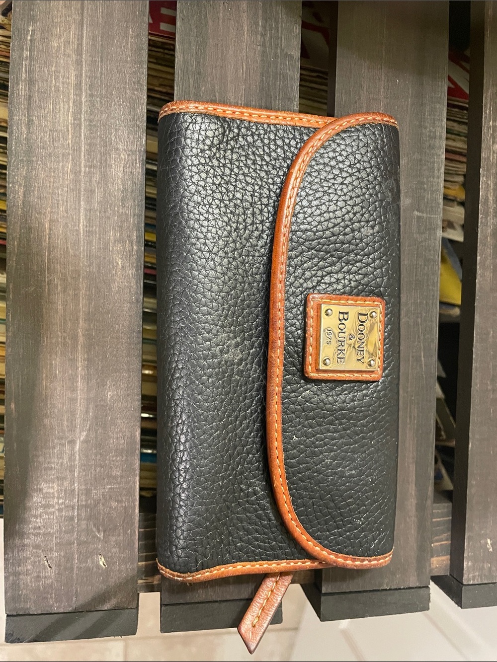 Dooney & Bourke Black Leather Wallet with Brown Trim